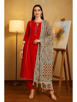 TULSATTVA - Red Viscose Rayon Solid/Plain Kurta with Pant and Dupatta