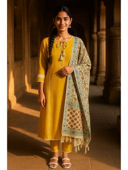 TULSATTVA - Mustard Viscose Rayon Solid/Plain Kurta with Pant and Dupatta