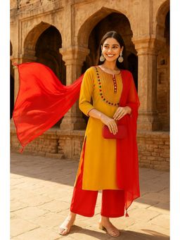 TULSATTVA - Mustard Viscose Rayon Embroidered Kurta with Palazzo and Dupatta