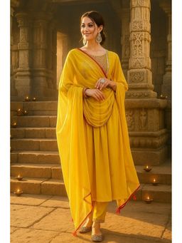 TULSATTVA - Yellow Viscose Rayon Embroidered Kurta with Pant and Dupatta