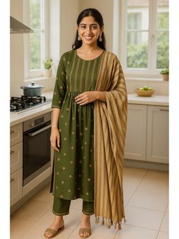 TULSATTVA - Olive Viscose Rayon Embroidered Kurta with Pant and Dupatta