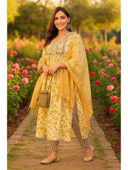 TULSATTVA - Yellow Viscose Rayon Embroidered Kurta with Pant and Dupatta