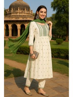 TULSATTVA - Off White Viscose Rayon Embroidered Kurta with Pant and Dupatta