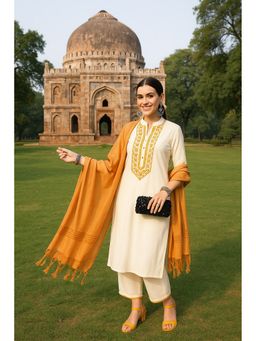 TULSATTVA - Off White Viscose Rayon Embroidered Kurta with Pant and Dupatta