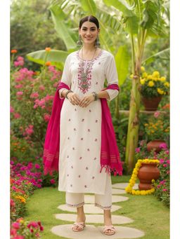 TULSATTVA - White Viscose Rayon Embroidered Kurta with Pant and Dupatta