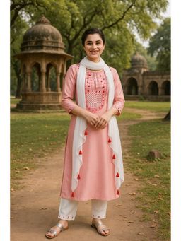TULSATTVA - Pink Cotton Blend Embroidered Kurta with Pant and Dupatta