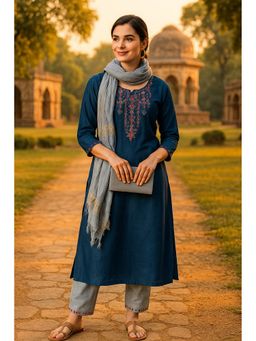 TULSATTVA - Teal Viscose Rayon Embroidered Kurta with Pant and Dupatta