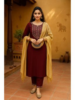 TULSATTVA - Maroon Viscose Rayon Embroidered Kurta with Pant and Dupatta