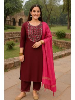 TULSATTVA - Wine Viscose Rayon Embroidered Kurta with Pant and Dupatta