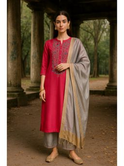 TULSATTVA - Pink Art Silk Embroidered Kurta with Palazzo and Dupatta