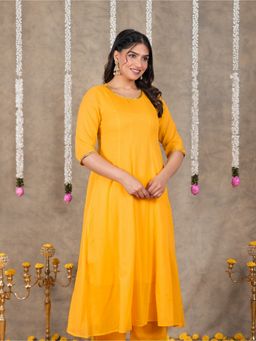 ARAMYA - Yellow Pure Cotton Solid A-Line Kurta