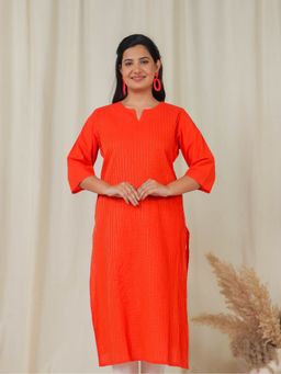 ARAMYA - Orange Pure Cotton Stripes Straight Kurta