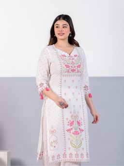 ARAMYA - Off White Pure Cotton Floral Straight Kurta