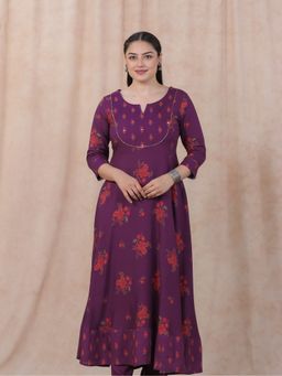 ARAMYA - Maroon Viscose Floral A-Line Anarkali Kurta