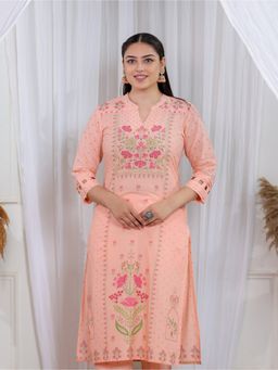 ARAMYA - Peach Pure Cotton Floral Straight Kurta