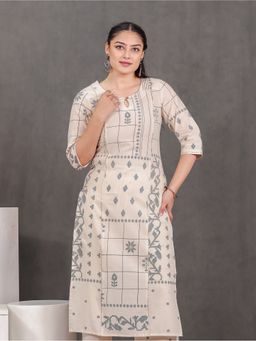 ARAMYA - Cream Pure Cotton Geometric Straight Kurta