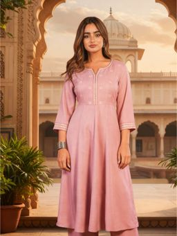 ARAMYA - Peach Polyester Geometric Flared Anarkali Kurta
