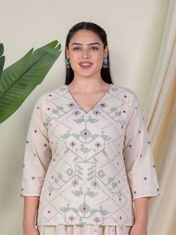 ARAMYA - Cream Pure Cotton Geometric Straight Kurta