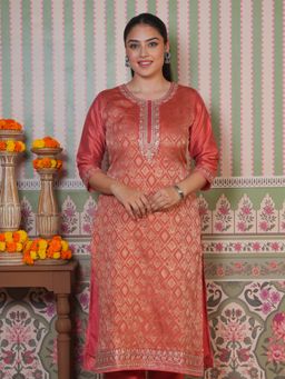 ARAMYA - Peach Jacquard Floral Straight Kurta