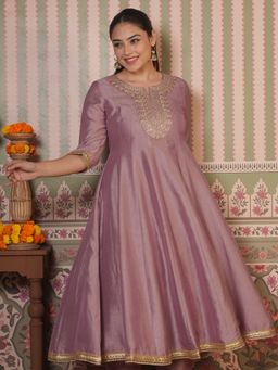 ARAMYA - Pink Silk Blend Embroidered A-Line Kurta