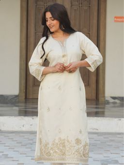 ARAMYA - Off White Tissue Embroidered Straight Kurta