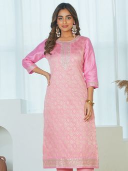 ARAMYA - Pink Jacquard Embroidered Straight Kurta