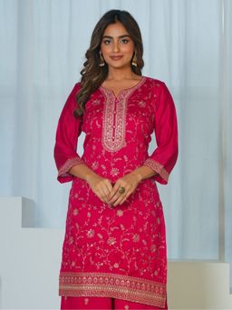 ARAMYA - Pink Poly Silk Embroidered Straight Kurta