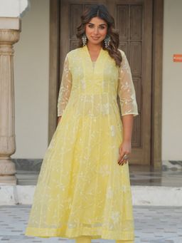 ARAMYA - Yellow Organza Abstract A-Line Kurta