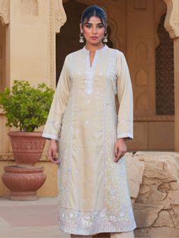 ARAMYA - Beige Chinon Embroidered A-Line Kurta