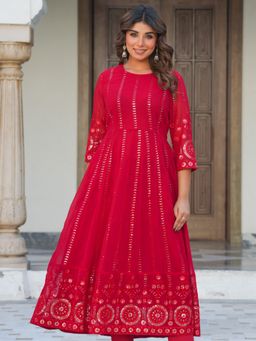 ARAMYA - Red Georgette Embroidered Flared Anarkali Kurta