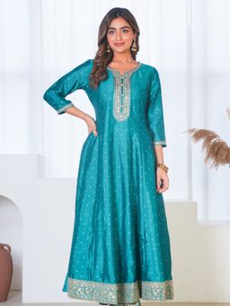 ARAMYA - Green Poly Silk Embroidered A-Line Kurta