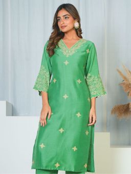 ARAMYA - Green Chinon Floral Straight Kurta