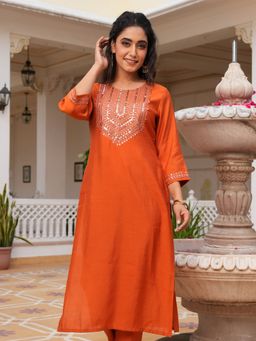 ARAMYA - Rust Poly Silk Embroidered Straight Kurta