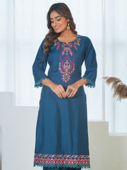 ARAMYA - Teal Silk Blend Embroidered Straight Kurta