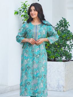 ARAMYA - Green Pure Cotton Floral Straight Kurta