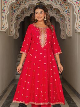 ARAMYA - Red Poly Silk Embroidered A-Line Kurta