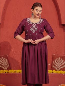 ARAMYA - Wine Viscose Embroidered A-Line Kurta