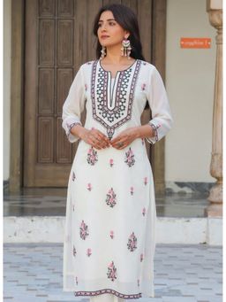 ARAMYA - White Organza Embroidered Straight Kurta