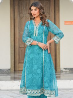 ARAMYA - Turquoise Organza Embroidered A-Line Kurta