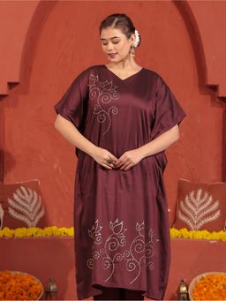 ARAMYA - Wine Chanderi Floral Flared Kaftan