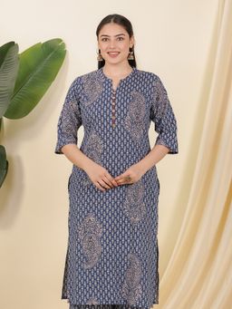 ARAMYA - Blue Pure Cotton Paisley Straight Kurta