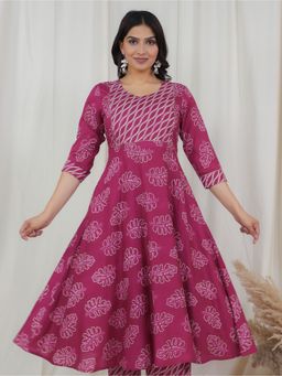 ARAMYA - Pink Pure Cotton Floral Flared Anarkali Kurta