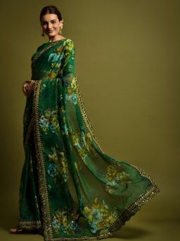 Odette - Green Georgette Embroidered Printed Saree with Unstitched Blouse