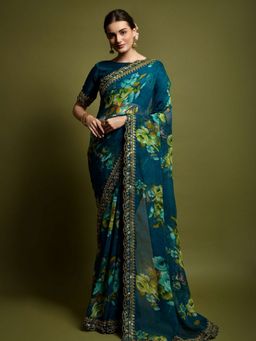 Odette - Teal Blue Georgette Embroidered Printed Saree with Unstitched Blouse