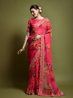Odette - Pink Georgette Embroidered Printed Saree with Unstitched Blouse