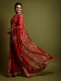 Odette - Red Georgette Embroidered Printed Saree with Unstitched Blouse