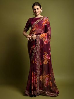 Odette - Wine Georgette Embroidered Printed Saree with Unstitched Blouse