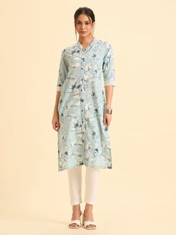 VISMAY - Blue Linen Floral Straight Kurta