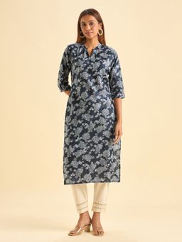 VISMAY - Blue Pure Cotton Floral Straight Kurta