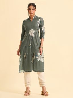 VISMAY - Green Pure Cotton Floral Straight Kurta